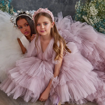 Little Girls Puffy Wedding Party Pageant Gown with Long Tail