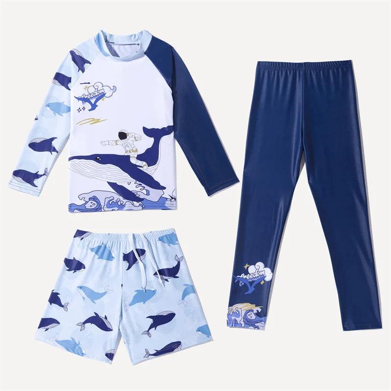 Long Sleeve Printed Sun Protection Kids 3 Piece Swimsuit