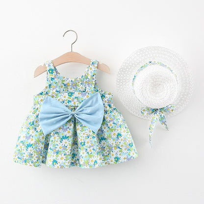 Baby Girl Floral Big Bow Designed Summer Dresses + Sunhat childrensterritory