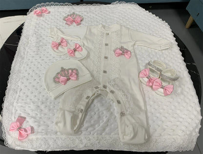 5pcs Sequin Bling Crown Design Baby Girl Welcome Home Outfits childrensterritory