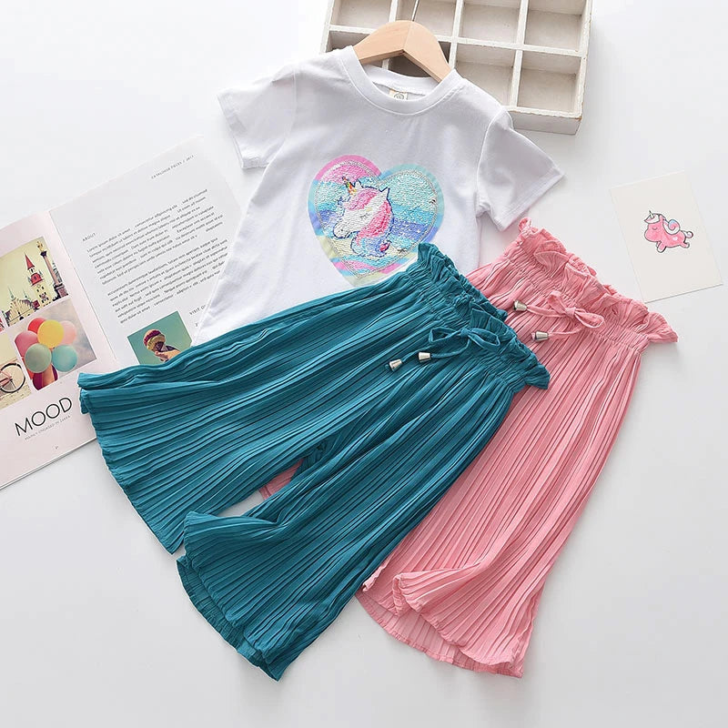Kids Girls 2pcs Unicorn Sequins Chiffon Clothing Sets