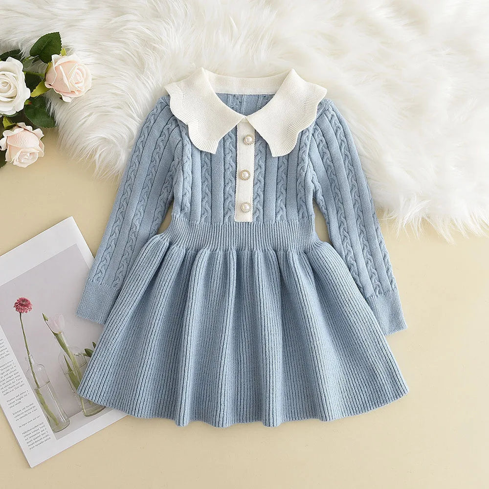 Girls' Long-Sleeved Collar Design Casual Winter Dresses childrensterritory