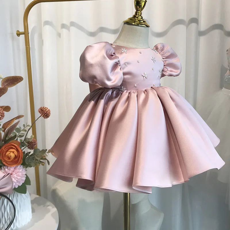 Little Girls Puff Sleeves Elegant Baptism Party Dresses