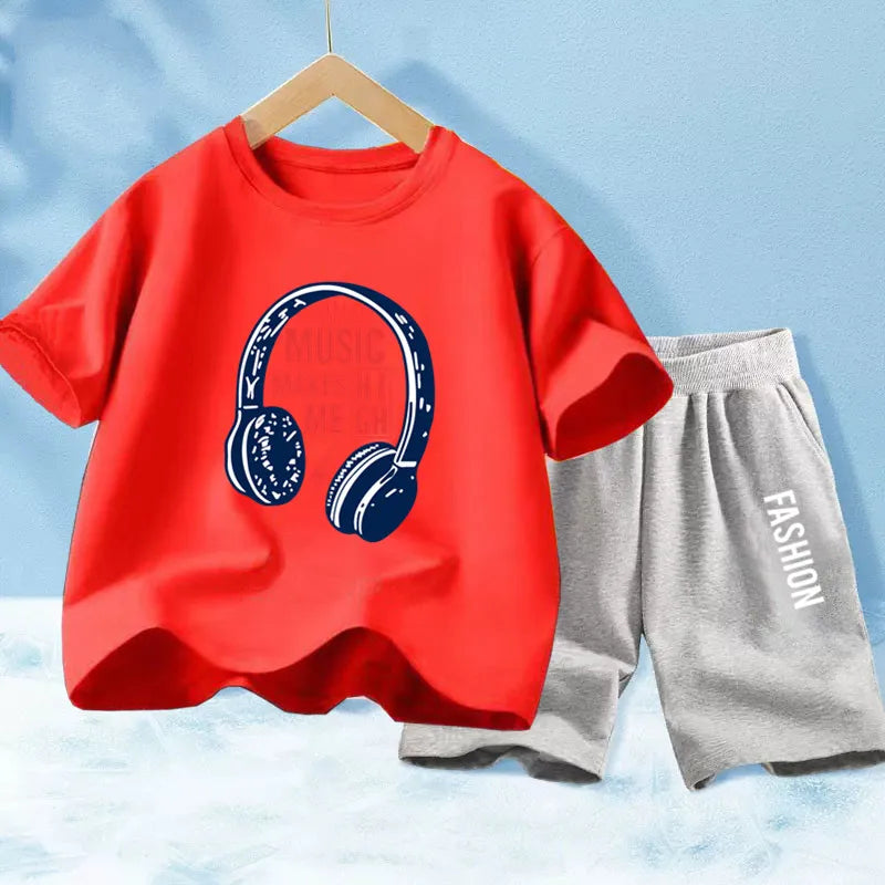 Kids Boys Music Headset Print T-shirt and Shorts Set childrensterritory