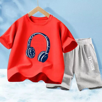 Kids Boys Music Headset Print T-shirt and Shorts Set childrensterritory