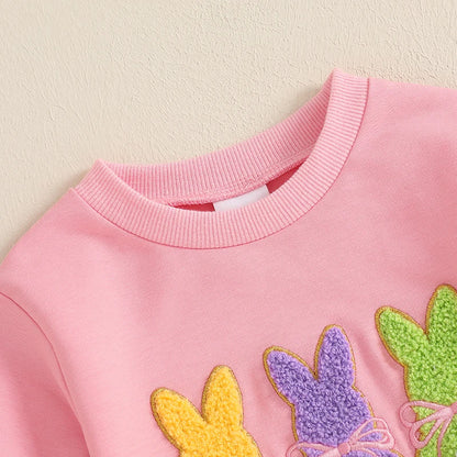 Toddler Girl Bunny Embroidery 2 Pieces Easter Outfit Set childrensterritory