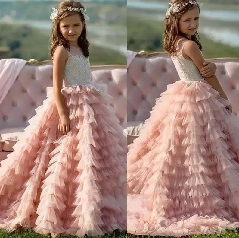 Little Girl Tiered Tulle Lace Appliques Princess Dresses with Train childrensterritory