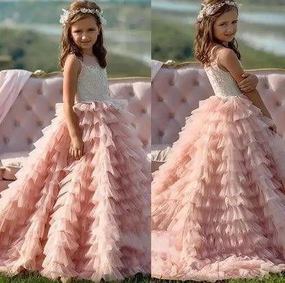 Little Girl Tiered Tulle Lace Appliques Princess Dresses with Train childrensterritory