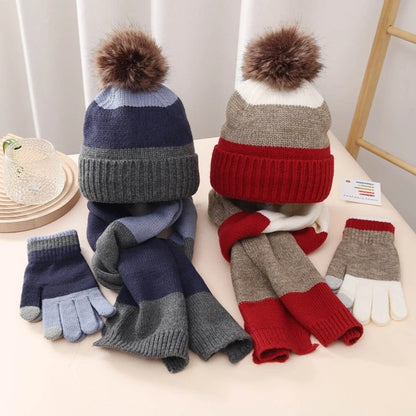 Little Boys and Girls Knitted Warm Plush Hat Scarf Gloves Set