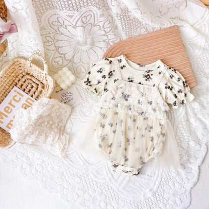 Short Sleeve Floral Lace Baby Girl Cotton Bodysuit with Hat childrensterritory