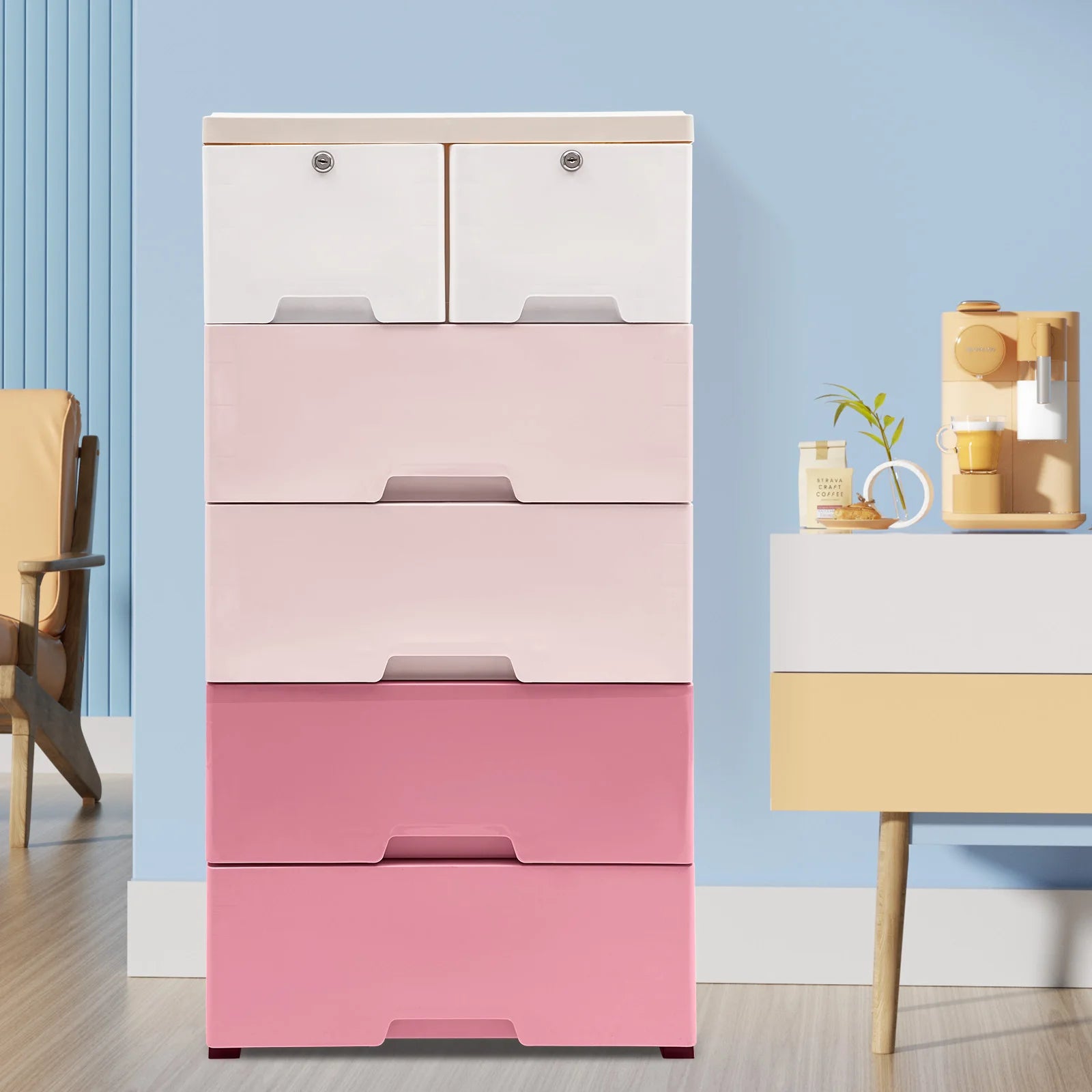 Modern Gradient Pink Design Plastic Storage Cabinet W/ 6 Drawers