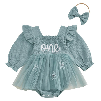 Baby Girls Letter Pattern Ruffled Mesh Romper Dresses