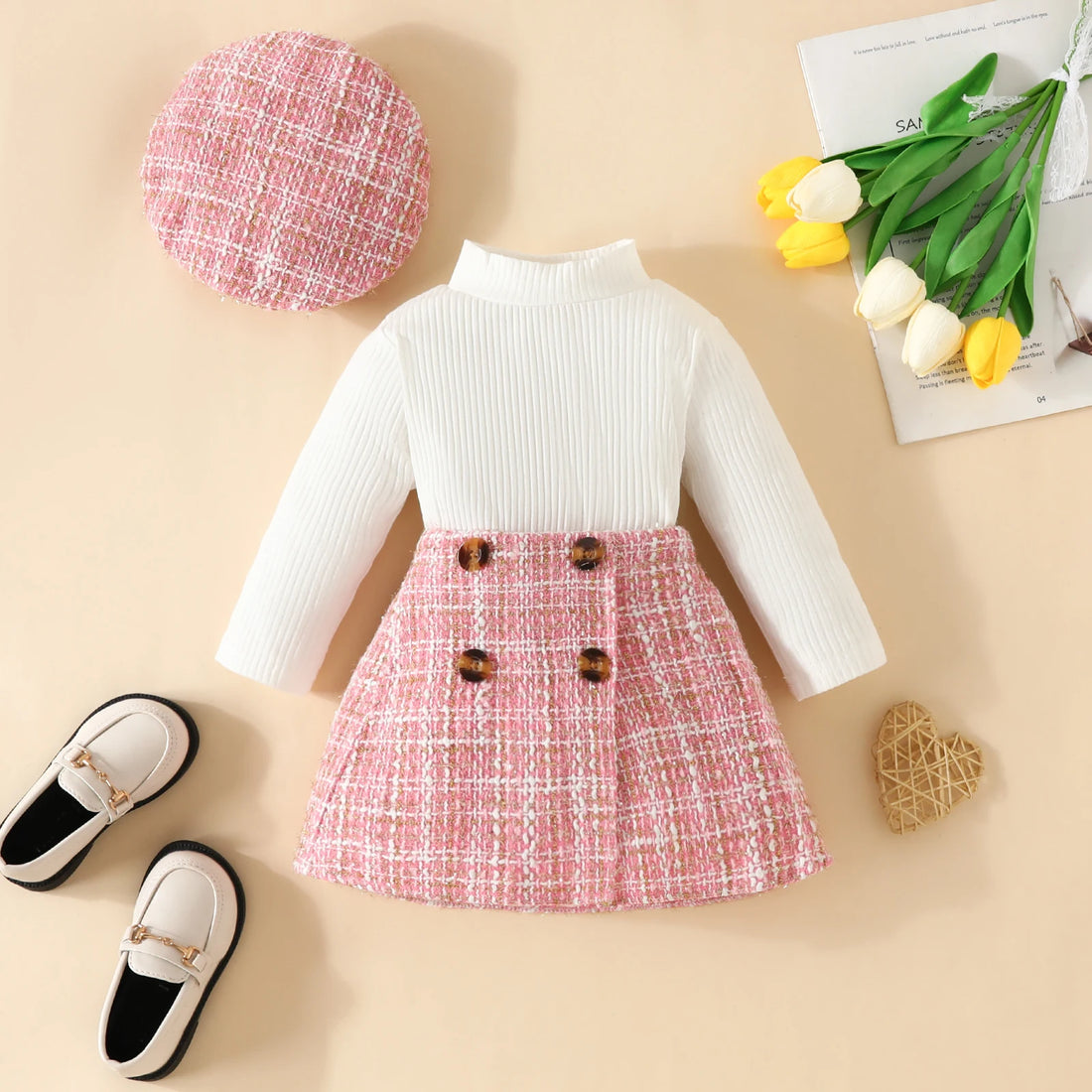Baby Girls Knit Long Tops and Plaid Skrits with Hat Outfits childrensterritory