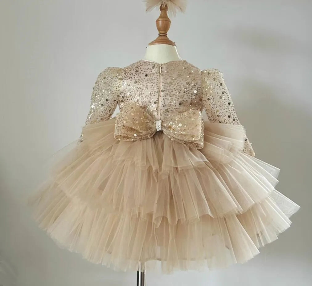 Glitter Sequins Knee Length Girls First Birthday Party Gown childrensterritory