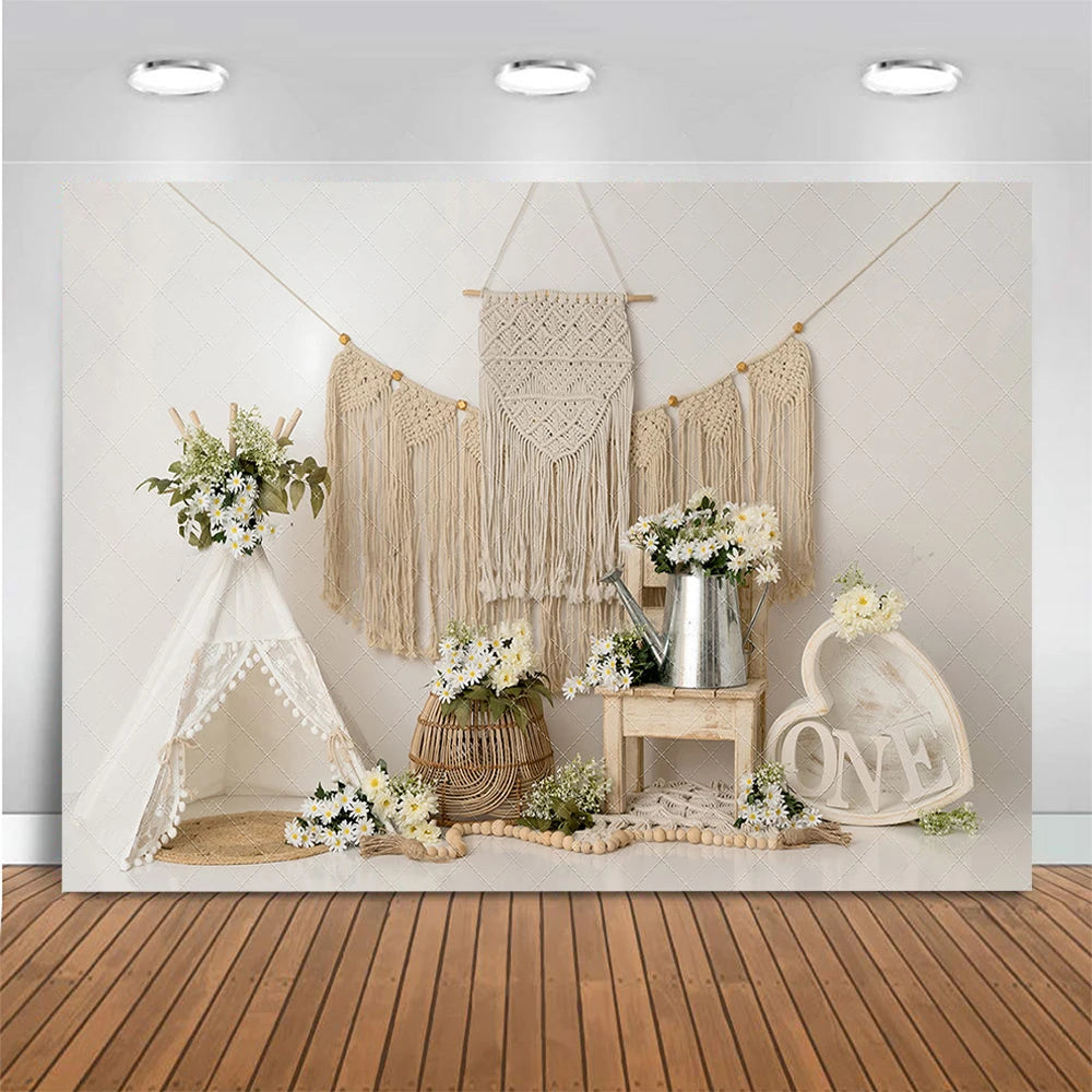 White Tent Tassels Flowers Backdrop Prop for Baby Birthday childrensterritory