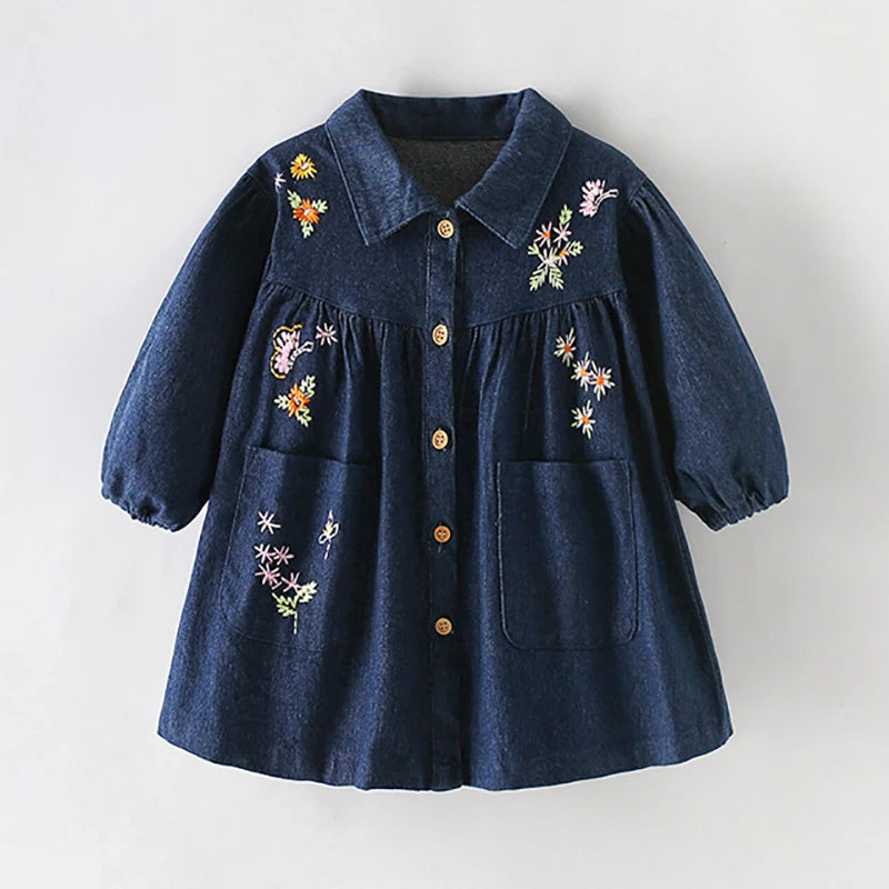 Long Sleeves Flowers Embroidered Design Girls Dresses childrensterritory