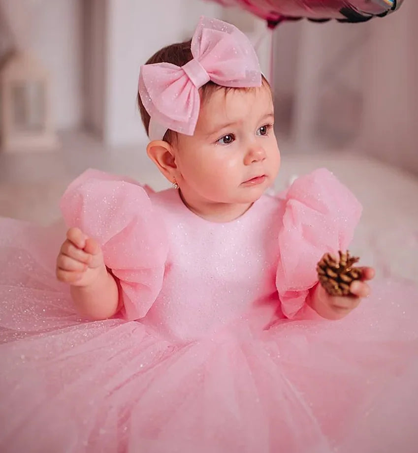 Little Girls Puffy Pink Big Bow Design Christening Dress