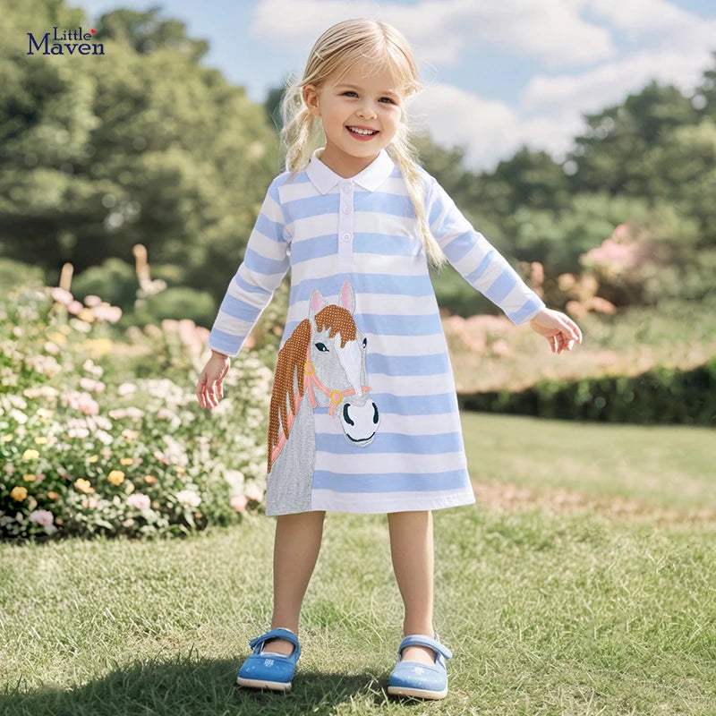 Little Girls Cartoon Unicorn Design Striped Polo Dress