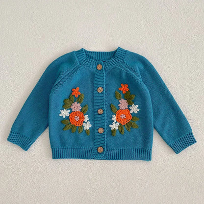 Baby Girls Long Sleeves Floral Embroidery Knitted Cardigans childrensterritory