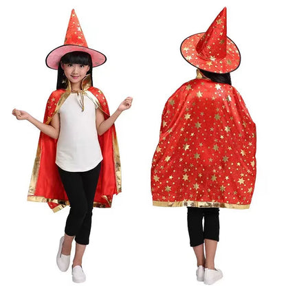 Kids Black Purple Red Carnival Cloak with Witch Hat
