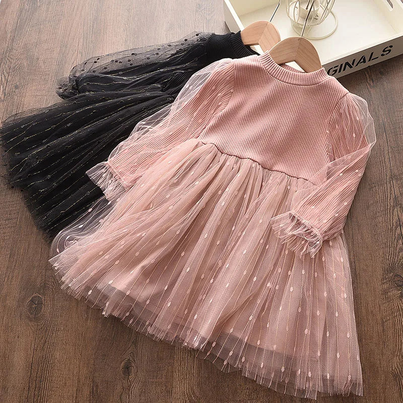 Kids Girls Long Sleeve Mesh Cotton Winter Party Dresses