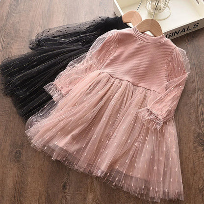 Kids Girls Long Sleeve Mesh Cotton Winter Party Dresses
