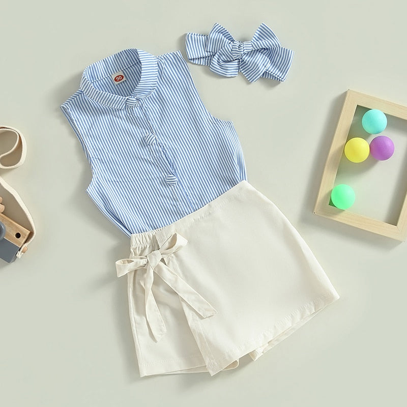 Kids Girls Striped Vest and Tie-up Shorts Set for Summer childrensterritory