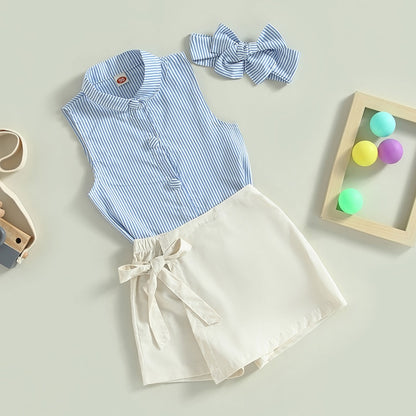 Kids Girls Striped Vest and Tie-up Shorts Set for Summer childrensterritory