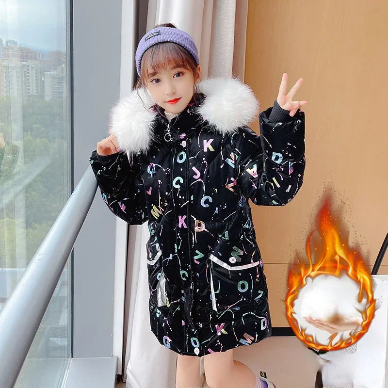 Kids/Teen Girls Printed Thick Warm Fur Hooded Parkas childrensterritory