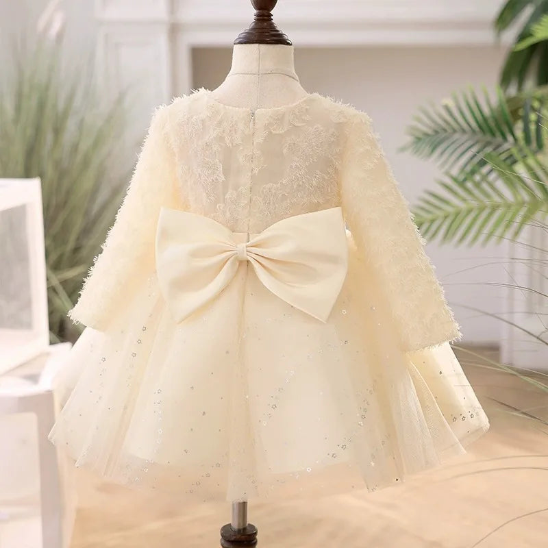 Toddler Girl Elegant Lace Bow Design Baptism Dress