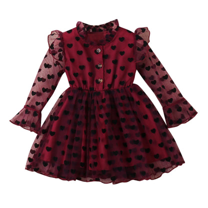 Kid Girl Mesh Yarn Heart Printed Party Dress