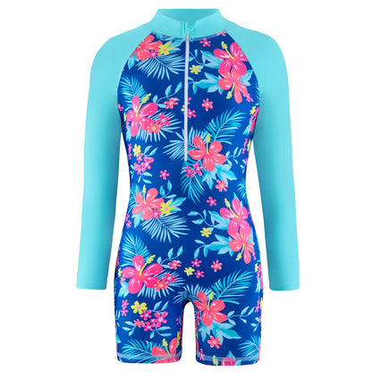 Unicorn and Floral Print Little Girls Zipper Swimsuits