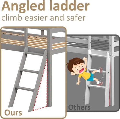 Kids Wooden Loft Bed with Climbing Ladder &amp; Storage Space