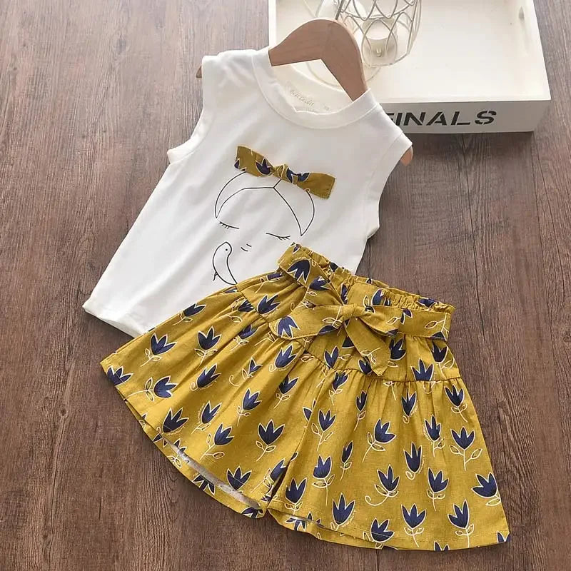 Kids Girls 2Pcs Clothing Sets/T-shirt+Print Bow Skirt