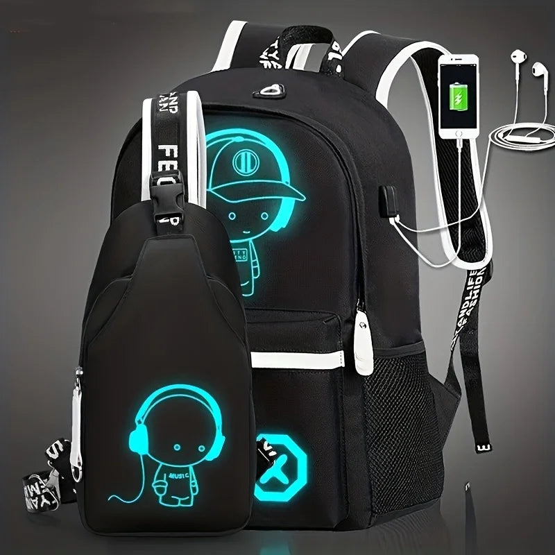 Luminous Animation 2PCS/SET School Bags For Teenagers with USB