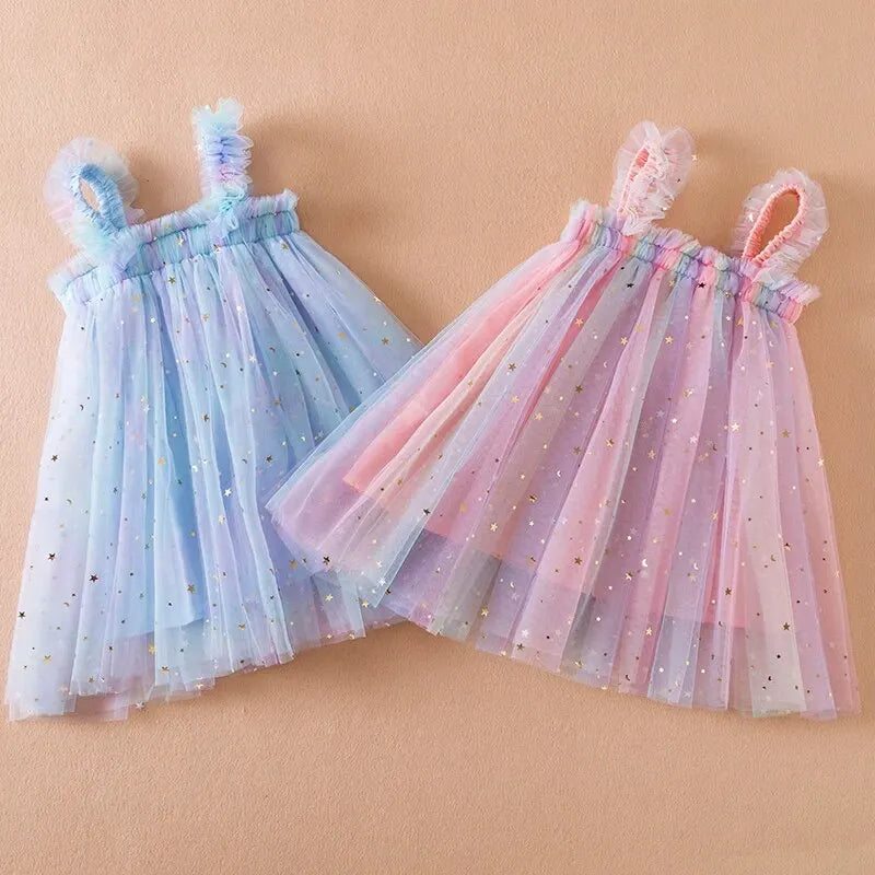 Baby Girls Sleeveless Rainbow Color Tulle Birthday Party Dresses childrensterritory