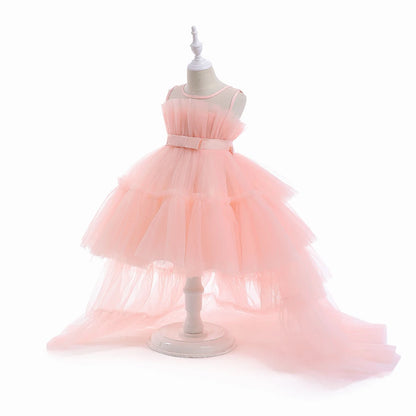 Kids Girls Formal Puffy Princess Wedding Birthday Dress with Trail