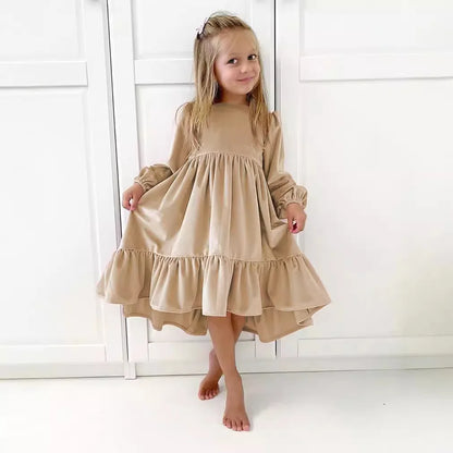 Kids Girls Velvet Long Sleeve Ruffle Hem Party Dresses