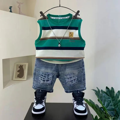 Little Boys Striped Sleeveless Shirt And Jeans Shorts Suit Set childrensterritory