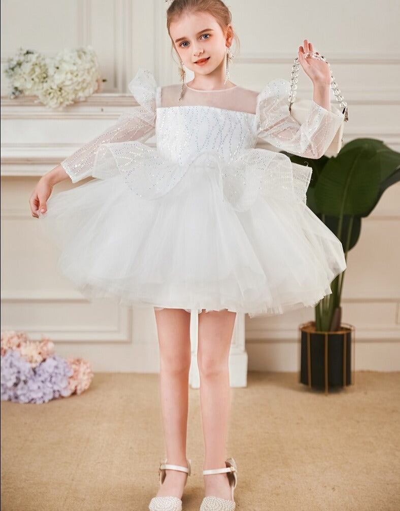 Elegant Sequin White Puffy Wedding Party Dress for Girls childrensterritory