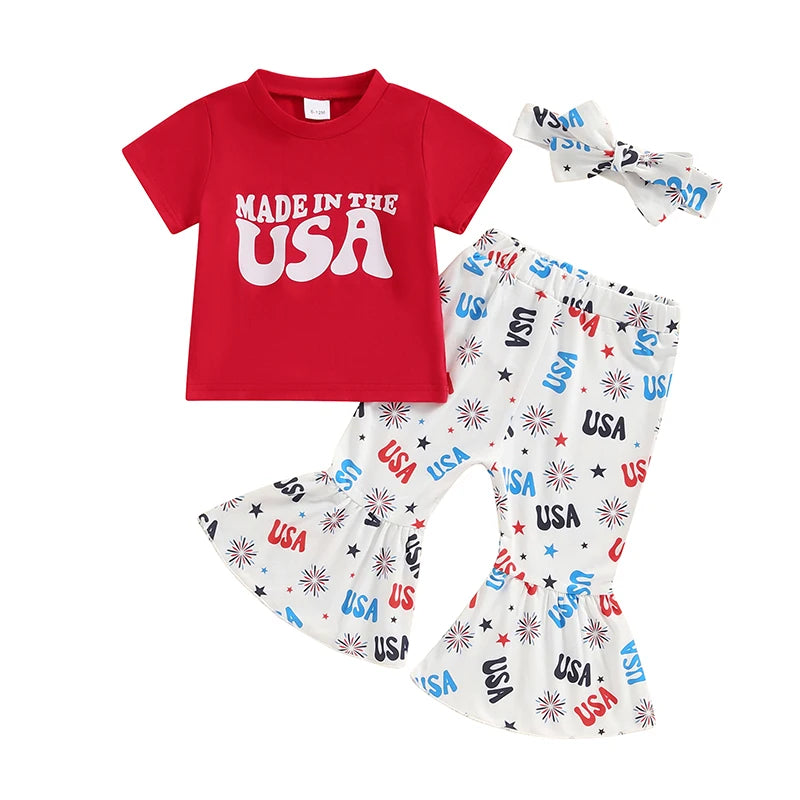 Letter Printed Shirt Floral Pant 4th of July Outfit for Baby Girl