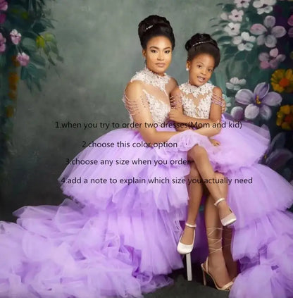 Lavender Beaded Lace Tiered Mother Daughter Dresses