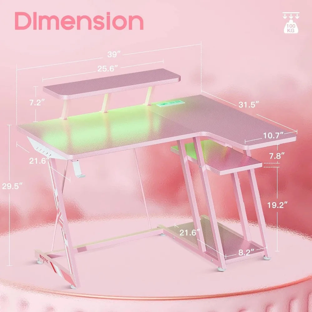 Pink L-shaped Gaming Desk with LED Lights childrensterritory