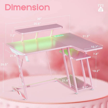 Pink L-shaped Gaming Desk with LED Lights childrensterritory