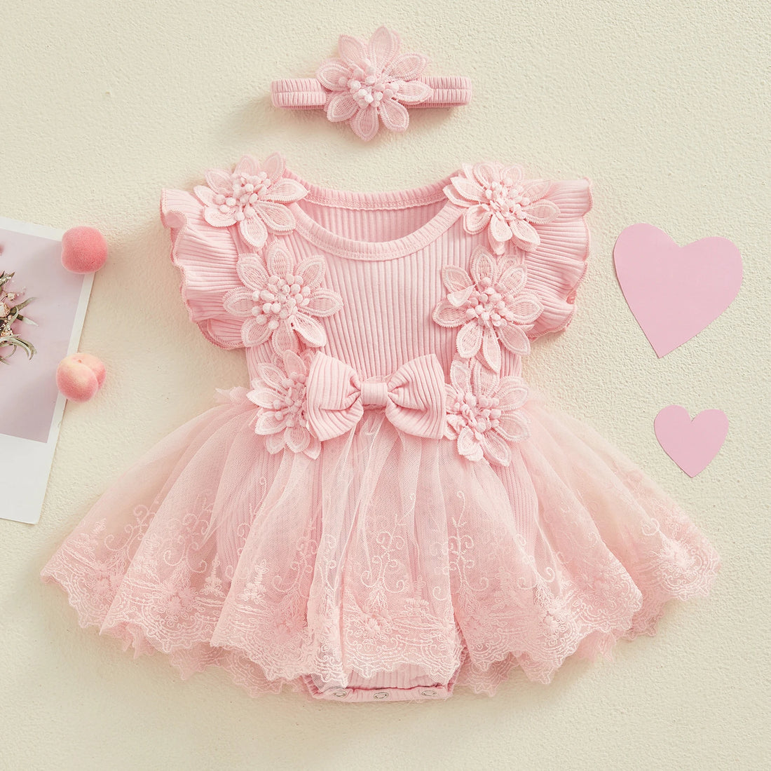 Baby Girl Lace Romper with Headband Outfit
