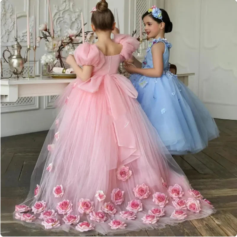 Off-Shoulder Tulle Wedding Party Gowns with Flowers for Girls childrensterritory