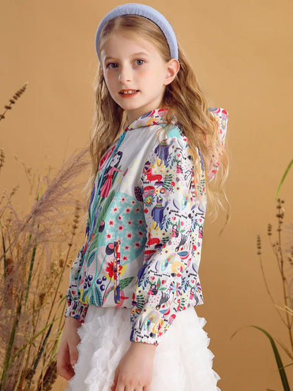 Kids Girl Printed Hooded Jacket and Elastic Waist Pant Set childrensterritory