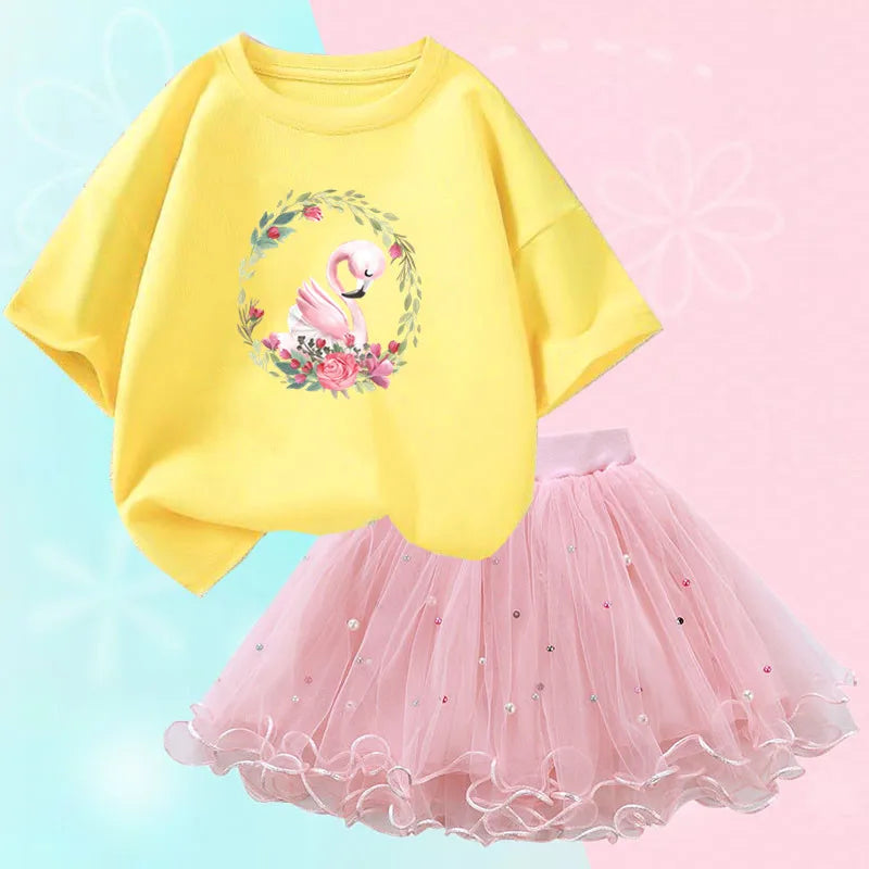 Kids Girls Flamingo T-Shirt &amp; Mesh Skirt Pretty Outfits childrensterritory