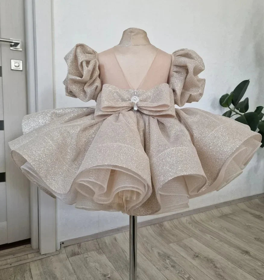 Kids Girl Shiny Puff First Communion Ruffle Dresses With Bow