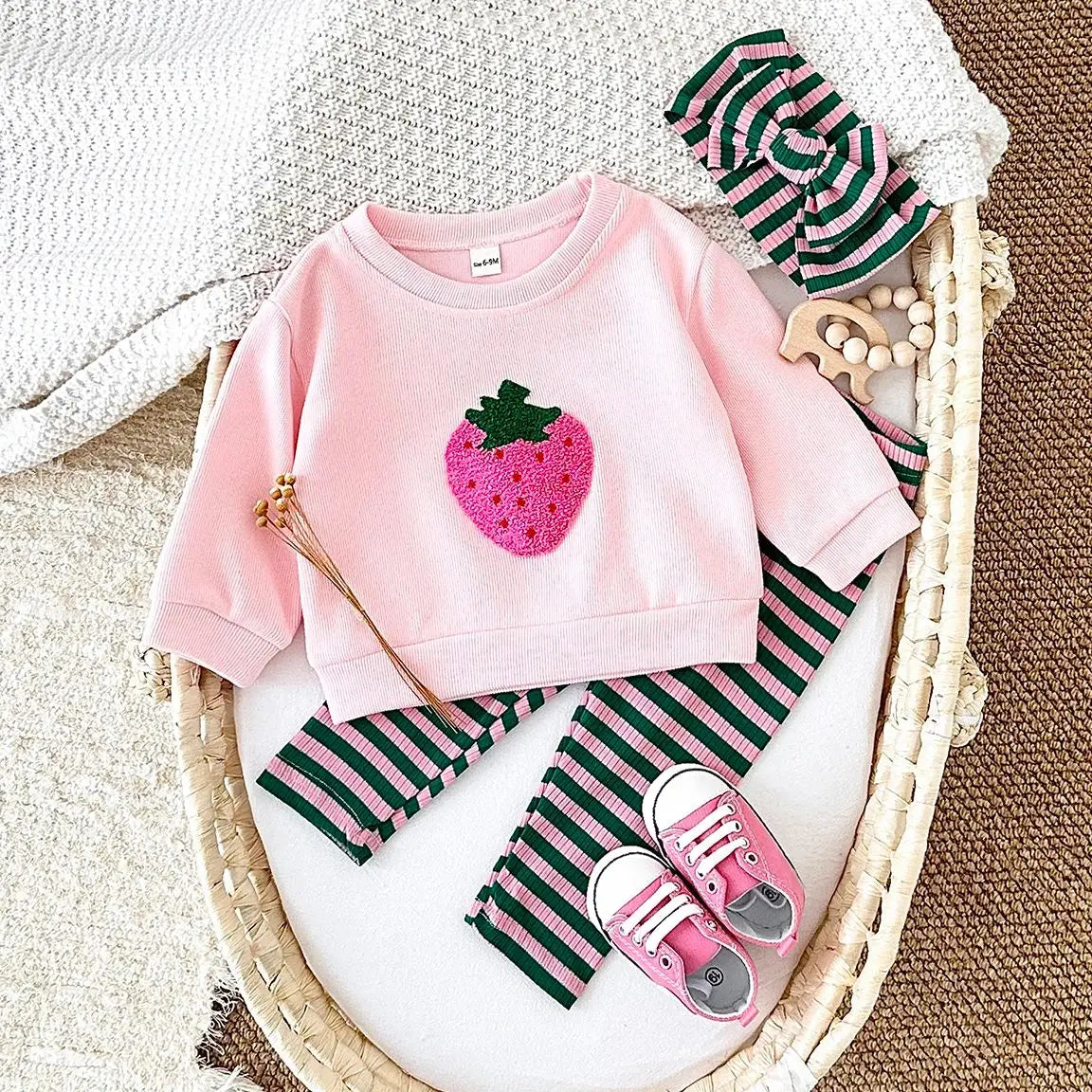 Baby Girls Strawberry Top with Striped Legging and Headscarf Set childrensterritory
